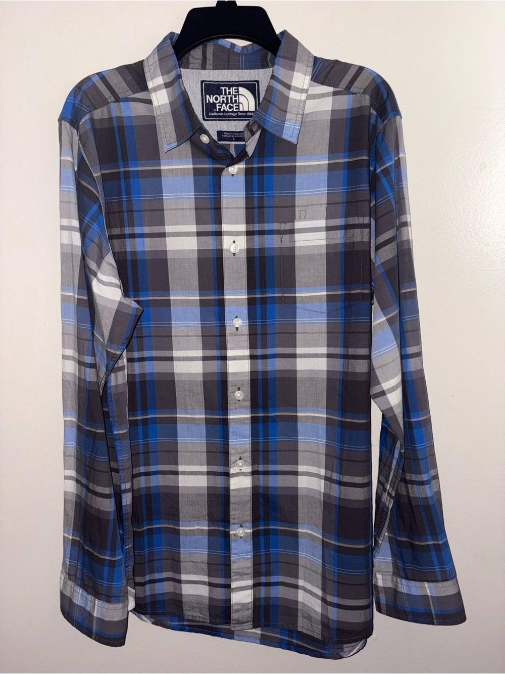 The North Face Men’s L Blue Gray Plaid Modal Hiking Button Down Roll Tab Shirt